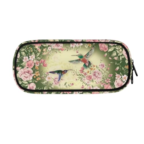 Image of Hummingbird Rose Flower Pencil Pouch Organizer, Multi-Slot Pen Case Pencil Holder Makeup Bag Spacious Pencil Box Holder with Zipper