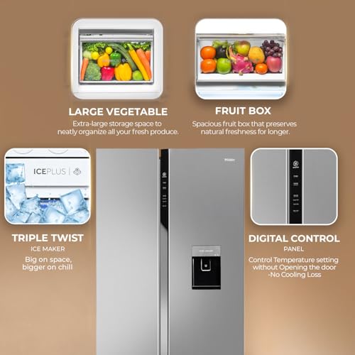 Image of Haier SmartChoice 596L 3Star 2-Door Water Dispenser Side by Side Frost Free Refrigerator|Convertible|Smart Sense AI | Expert Inverter|Digital Display Panel (HRS-682SWDU1, Shiny Silver)