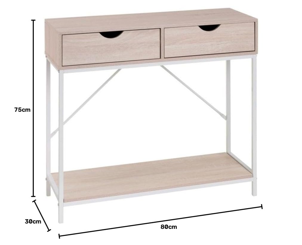 Consola recibidor Urban 2 cajones de metal y madera blanco de 80x30x75 cm | Mueble auxiliar estrecho con 2 cajones y una balda inferior de almacenaje. Para recibidor, entrada o salón
