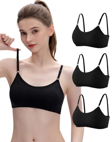 INNERSY Training Bras for Girls Crop Top Bra for Teen Black Bralette Wireless Underwear 3 Pack (L, 3 Basic Black)