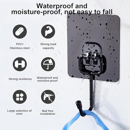 Image of Heavy Duty Adhesive Wall Hooks | 7 x 7 cm | Strong Waterproof No Drill Sticky Hook Hangers for Towel, Keys, Bags & Clothes | 10 Pcs Self Adhesive Wall Hooks - Black