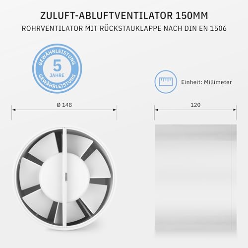 calimaero® INLINE cijevni ventilator 150 mm s povratnim klapnom, ventilator dovodnog zraka/ispušni ventilator, ventilator za kupaonicu, šator za uzgoj, dodatni ventilator, ventilator za umetanje cijevi 320 m³/h, 18 W / 35 dB / IPX2 / plastika
