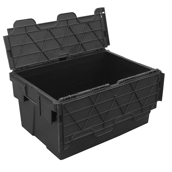 Pack of 5 - Plastic 55 Litre Heavy Duty Storage Boxes (60 x 40 x 30.6cm) Plastor Black Crates with Attached Hinged Lids
