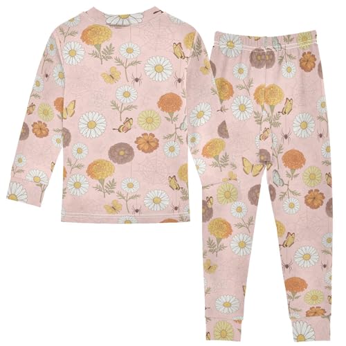 Pajama Sets Long Sleeve Floral Butterfly Web Background Soft Comfy Sleepwear 2 Piece PJS 3-8T3