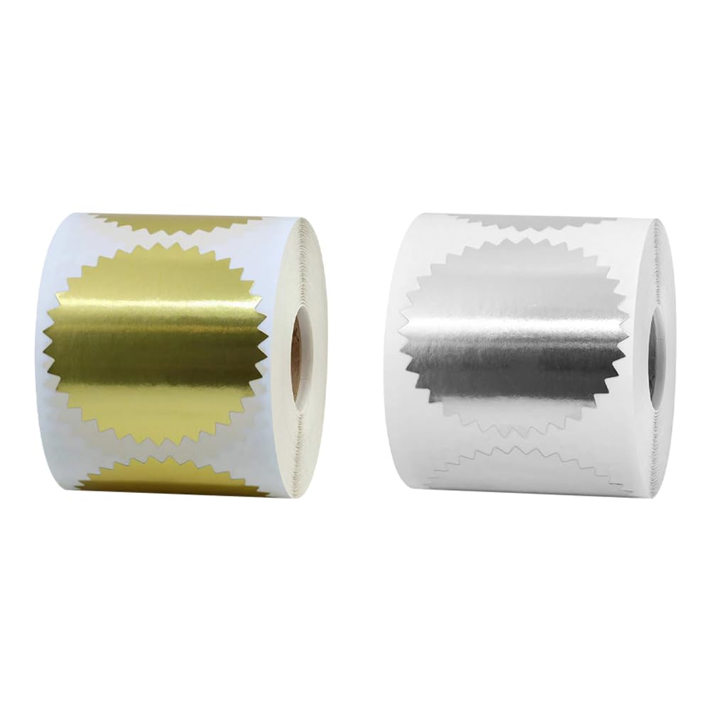 Hugede Golden Silver 500Pcs 50Mm Blank Embosser Stickers - Self Adhesive Metallic Stamp Sealing Stickers With Serrated Edge For Awards & Certificates