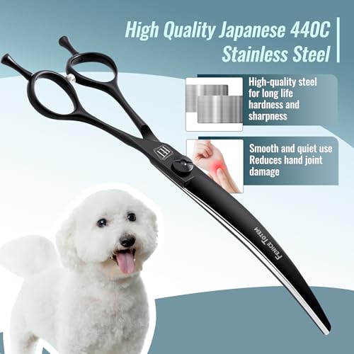Dog Grooming Scissors: 7.5″ Curved Pet Shears Made Of Japanese 440C for Trimming Dogs Cats and Other Pets Face and Paws Black Dog Grooming Scissors: 7.5″ Curved Pet Shears Made Of Japanese 440C for Trimming Dogs Cats and Other Pets Face and Paws Black