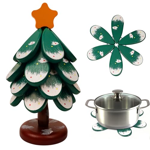 Christmas Tree Trivet 4-Pack Heat Resistant Wooden Trivet with Star Decor for Hot Dishes Pots Pans or Bowls, Table Decor for Home and Kitchen Xmas Gifts