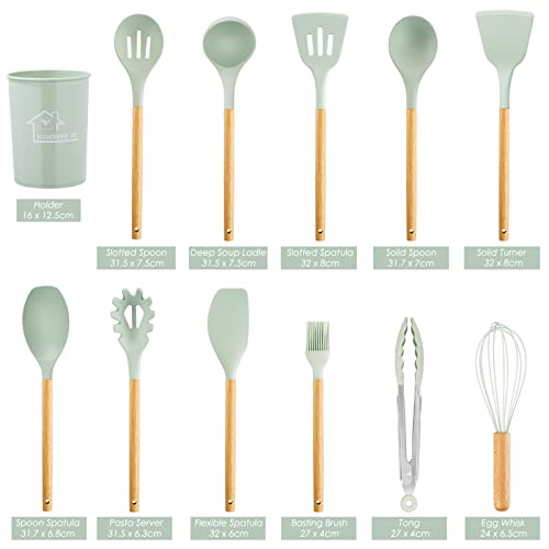Kitchen Utensils Set, 12 Pcs Silicone Cooking Utensils with Holder, Non-Stick Cooking Tools with Wooden Handle, Silicone Kitchen Gadgets Cooking Spatula Turner Heat Resistant Tools