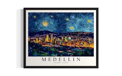 HomeArtPrint Medellin Art Print Poster, Van Gogh Starry Night Theme Wall art Painting Decor, Art Home City Artwork For Bedroom, Bathroom, Living Room 81B (Medellin, 20" L x 16" W, Black Frame)