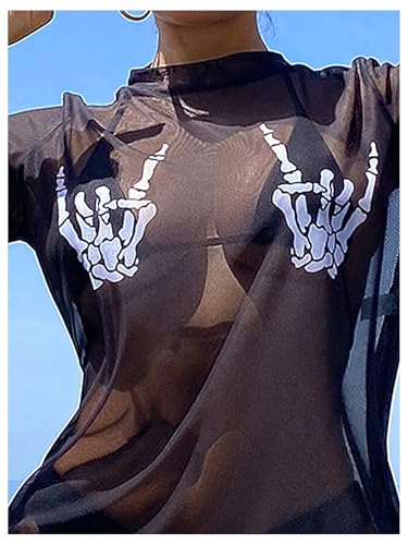 WDIRARA Women's Goth Graphic Sheer Mesh Cover Up Short Sleeve See Through Beach Dress3