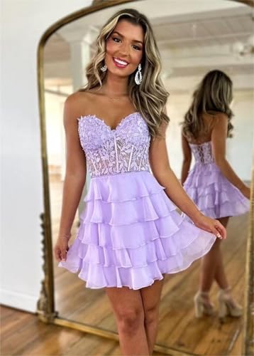 Tiered Lace Homecoming Dresses Short for Teens 2025 Strapless Chiffon Ruffles Prom Cocktail Gowns3