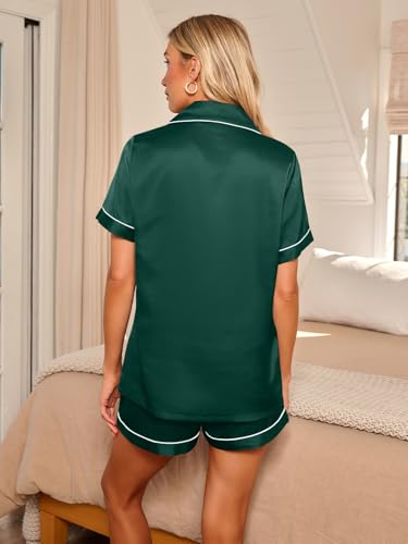Image of LILLUSORY Silk Satin Pajama Set for Women Summer Two Piece Fall Lounge Pjs | Cozy Matching Sleepwear, Short Sleeve Button Down Shirt and Shorts, Soft Loungewear with Pocket, Cute Trendy Clothing