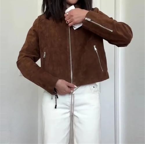 Women’S Elegant Suede Jacket Casual Turn-Down Collar Long Sleeve Zipper Coat4
