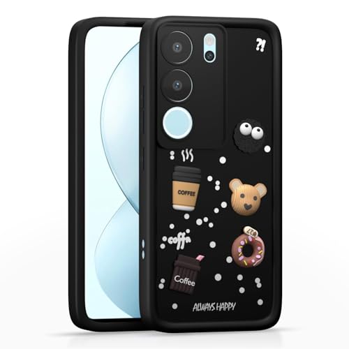Image of Bintage Cute Fun Ball | Taddy Cartoon 3D Smiley Coffee Cup | Milk Donut | Full Camera Protection Back Cover Compatible for Vivo V2251 / Vivo V29 PRO - Black