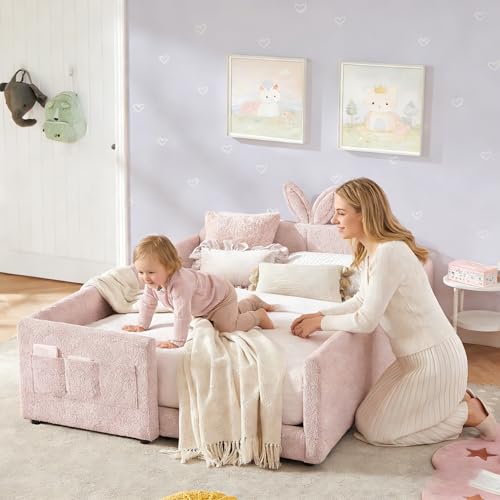 Image of Queen Size Bed Frame for Kids, Upholstered Daybed Frame Floor Bed with Safety Rails and Storage Pocket Cute Rabbit Ear Shaped Headboard for Kids Teens Boys Girls, Pink