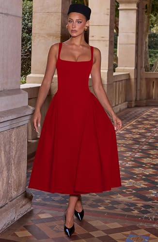 Image of Memoriesea Women's Elegant Square Neck Swing A Line Wedding Evening Party Midi Dress