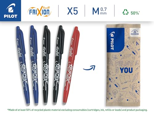 PILOT Lot de 5 Frixion Ball Stylo effaçable à encre thermosensible Stylo roller rechargeable fabriqué à partir de plastique recyclé 2 Bleus 2 1 Pointe moyenne - vue 2