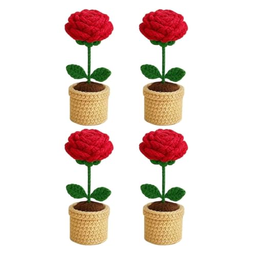 Image of VCR Handmade Crochet Red Rose Pot - Pack of 4 - Hand Woven Knitted Artificial Red Rose Pot Hand Knitted Flower for Office Desk, Table, Car, Bedroom, Wedding & Special Occasions