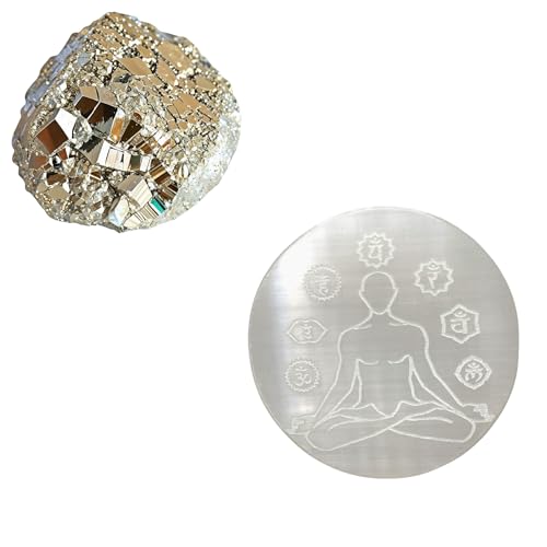 Image of inchOriginal Pyrite Stone with Natural Selenite Charging Plate | Lab Certified Crystal Set for Wealth, Business Luck, Reiki Healing & Vastu Energy inch (SEL+ SEVEN CHAKRA)