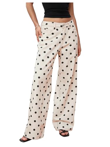 MakeMeChic Women's Polka Dots Jeans Wide Leg Denim Pants Polka Dots Pants
