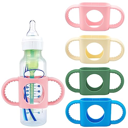 Image of BeautyChen 4 Pack Baby Bottle Handles Compatible with Dr Brown Baby Bottles Soft Silicone Narrow Baby Bottles Handles Non-Slip Easy Grip Handles Dishwasher Safe (White, Pink, Blue, Green)