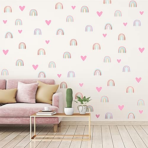 Boho Rainbow Decor Stickers Colorful Rainbow Wall Decal Small Rainbow Wall Decal Watercolor Rainbow Heart Wall Stickers for Girls Bedroom Nursery Wall Decor
