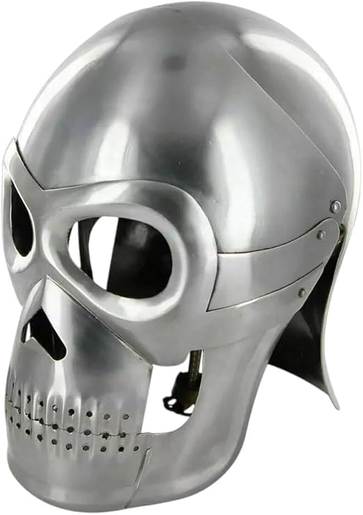 Medieval Knight Skull Helmet, Silver Metal Armor Costume Replica