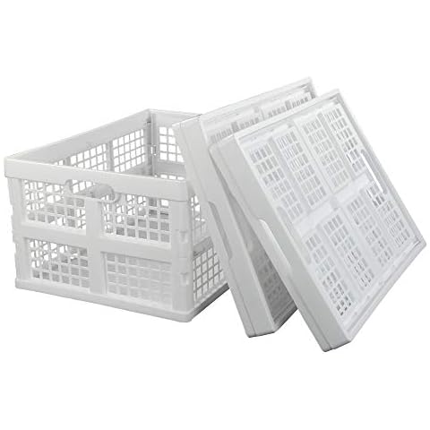 Asking Set of 3 Plastic Stackable Storage Crate, 30 L Collapsible Storage Basket, White Cover