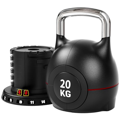 Kettlebell Réglable 10 kg 20 kg, 7-en-1 Kettle bells, 7 Niveaux de Poids, Idéal pour Fitness & entraînement à domicile, Compact & Peu Encombrant