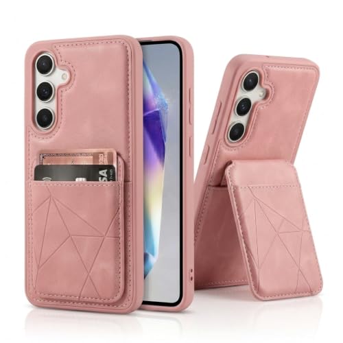 Image of amazon basics Premium Vegan Leather Back Cover with Card Holder and Integrated Mobile Stand for Samsung Galaxy S24FE 5G - Slim Shockproof Wallet Case with Geometric Stitching [Pink]