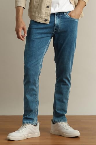 Image of Peter England Men's Slim Tapered Jeans | Heavy Wash Denim | Casual Wear | Modern Fit