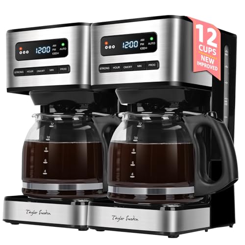 Taylor Swoden Cafetera Goteo 12 Tazas(1.8L) - Programable 24H con LED, 3 Niveles + Modo Café Helado, Jarra Borosilicato, 40 Min Mantener caliente+Autoapagado, Autolimpieza, Antigoteo, Inox, 900 * 2