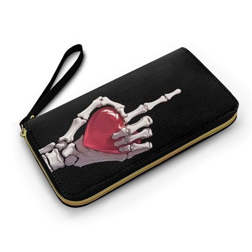 Skeleton Hand Women Zip Around Organizer Wallet, Hands Holding Heart Print Long Zipper PU Clutch Black Long Purse Wallet for Credit Card2