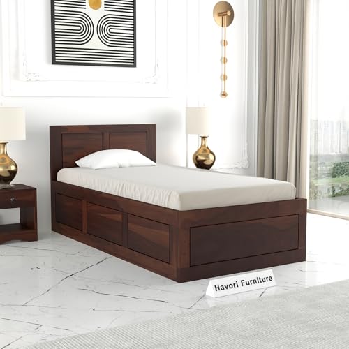 Image of Solid Sheesham Wood Single Size Bed with Box Storage for Bedroom Living Room Single Cot for Home Wooden Palang for Hotel (Walnut, Size 6 * 3)