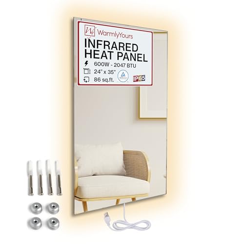 Infrared Wall Heater Panel Glass Mirror 600W Electric Radiant Heat Panel 24x35in. Energy Efficient Space Heater, Wall Mounted Infrared Heater for Indoor Use, Silent Heating Panel for Bathroom, Bedroom