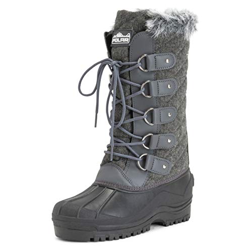 Polar Mujer Tall Acolchado Forrada De Piel Nieve Táctico Montaña Impermeable Altura De La Rodilla Botas - Gris Textil - UK6/EU39 - YC0362