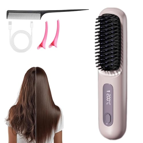 Go Brush Pro 2025,Cordless Hair Straightener Brush,Gobrush Pro 2025 Straightening Comb,Portable Hair Brush for Travel,Fast Heating Smooth & Shiny Hairs with Temperature Display Purple