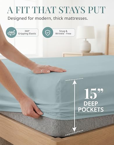 Image of LANE LINEN Full Sheets - 450TC Long-Staple Cotton, French Blue | Soft, Breathable & Cooling Full Sheet & Pillowcase Sets - Silky, 15 Inch Deep Pocket, OEKO-TEX Certified, Hotel Luxury