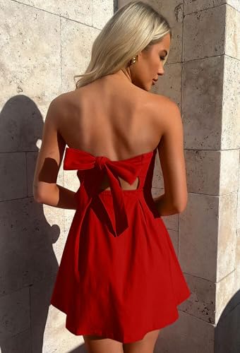 Image of YMDUCH Women's Sexy Sleeveless Strapless Bow Tie A Line Party Club Short Mini Dress Red