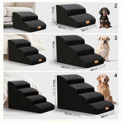 Thihome Hundetreppe für Kleine Hunde, Haustiertreppe 3 Stufen, Hochdichtem Schwamm Hundetreppen 40cm Hoch, Hunde Treppe mit Waschbarem Bezug, Rutschfestem Hunderampe für Bett & Sofa, Schwarz