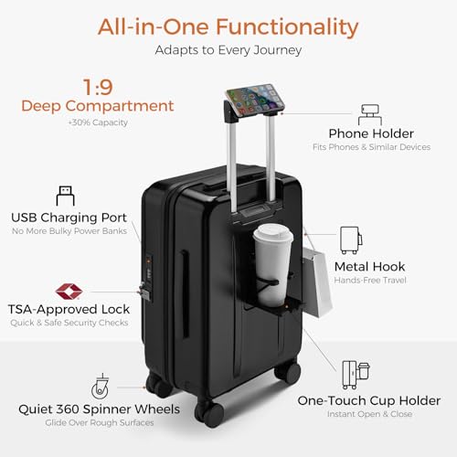 Image of Carry On Luggage Top Opening with Cup Holder & Phone Holder, Expandable PC Hard Shell Suitcase with USB Charging Port, Side Hook, 360 Spinner Wheels, TSA Lock & YKK Zippers