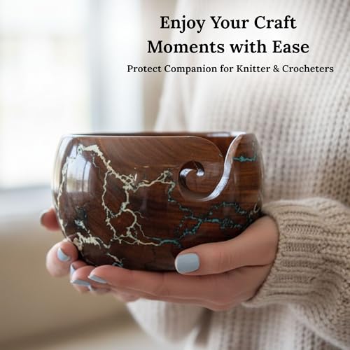 Image of Lichtenberg Figure Yarn Bowl - Handmade Wooden Yarn Bowl for Knitting Yarn Ball Holder - Yarn Bowls with Holes Crochet Bowl Holder - Yarn Storage Bowl 7 inch x 4 inch inches (Blue and White)