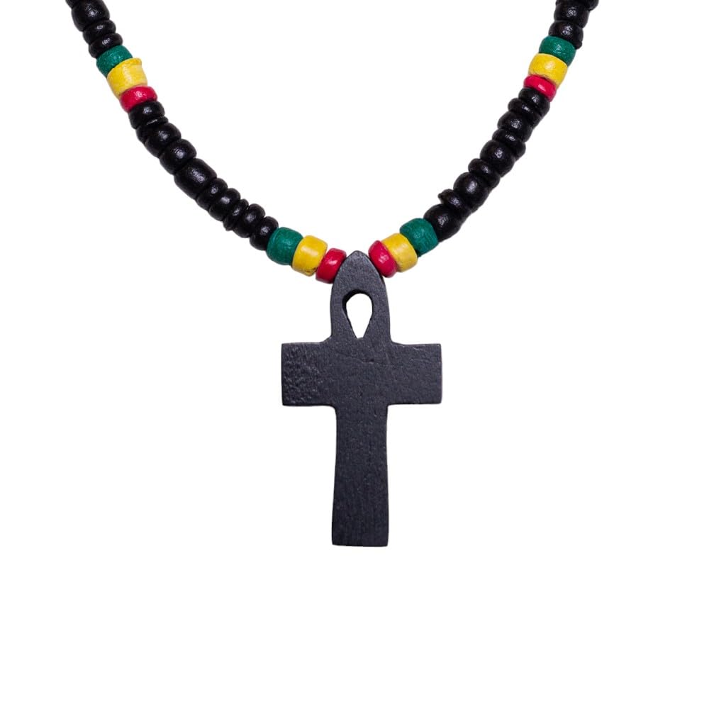 BlueRicaBlack Wood Ankh Pendant on Rasta Coconut Shell Beads Necklace (18")
