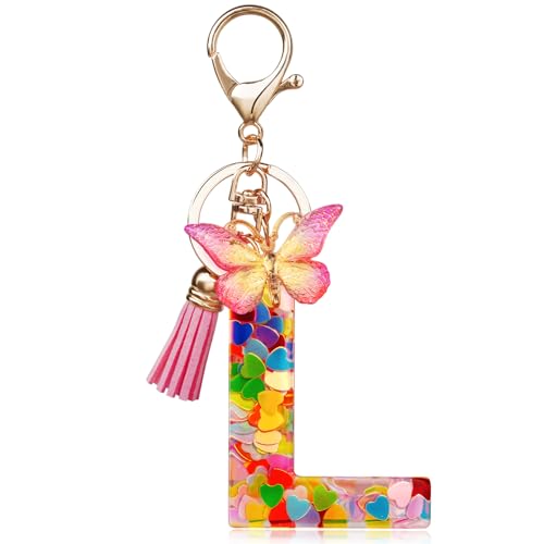 OSDUE Porte-clés pour Fille Lettre,Porte-clés pour Femme avec Lettre Initiale Lettre en Résine avec pendentif papillon et pampille pour Femmes Filles...