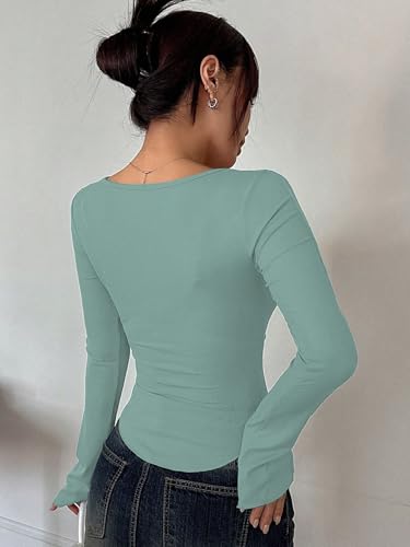 Image of Sugathari Women's Black Solid Long Sleeve Wrap-Style Square Split Crew Neck Bodycon Women T-Shirt Spring and Summer Top, Minimalist and Fashionable for Everyday Casual Wear Tops (T-Shirt 181)