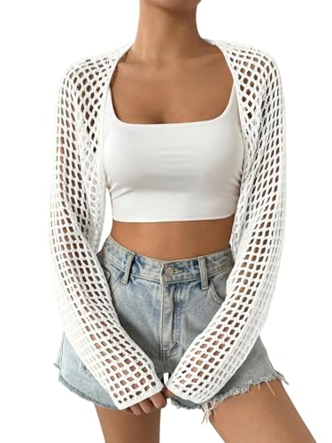 Women's Lightweight Crop Cardigan Crochet Knit Long Sleeve Bolero Shrug Sweater