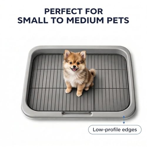 Image of MAK7 Indoor Pet Training Tray with Metal Mesh Grid, Grey Plastic Base, 47.5 x 37.5 x 1.5 cm Removable Grid for Easy Cleaning, Dog Waste Management System, Grey, Small