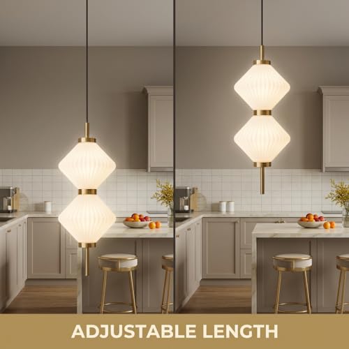 Image of Pendant Light 3-Color CCT (Warm + Natural + Cold White) Ribbed Acrylic Gold Metal Hanging Light for Living Room Bedroom Dining