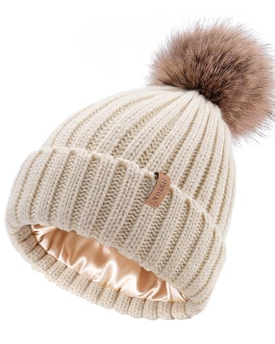FURTALK Womens Winter Beanie Hat Satin Lined Faux Fur Pom Pom Beanies Hat for Women Winter Warm Knit Hats Beige