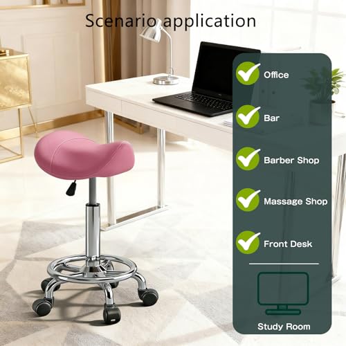 Image of Saddle Stool with Wheels, Adjustable Rolling Stool Chair with Back Support, Ergonomic PU Leather Saddle Chair for Salon, Massage, Tattoo, Medical, Spa, Office (Pink, 1PCS)